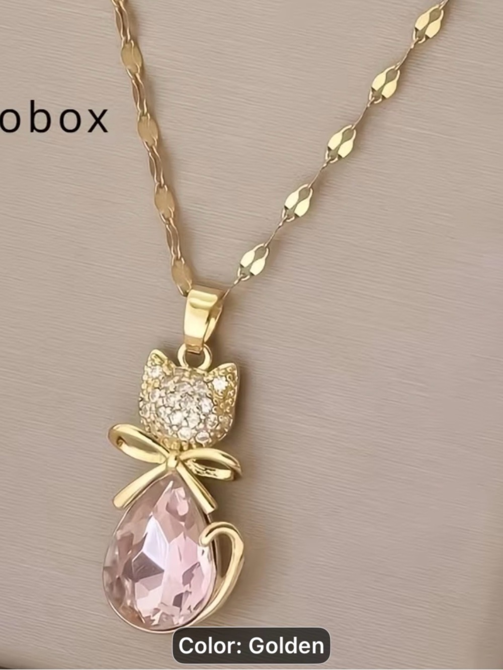 Gold Cat Pendant Necklace with Pink Teardrop Crystal 15 inch’s - Picture 4 of 10